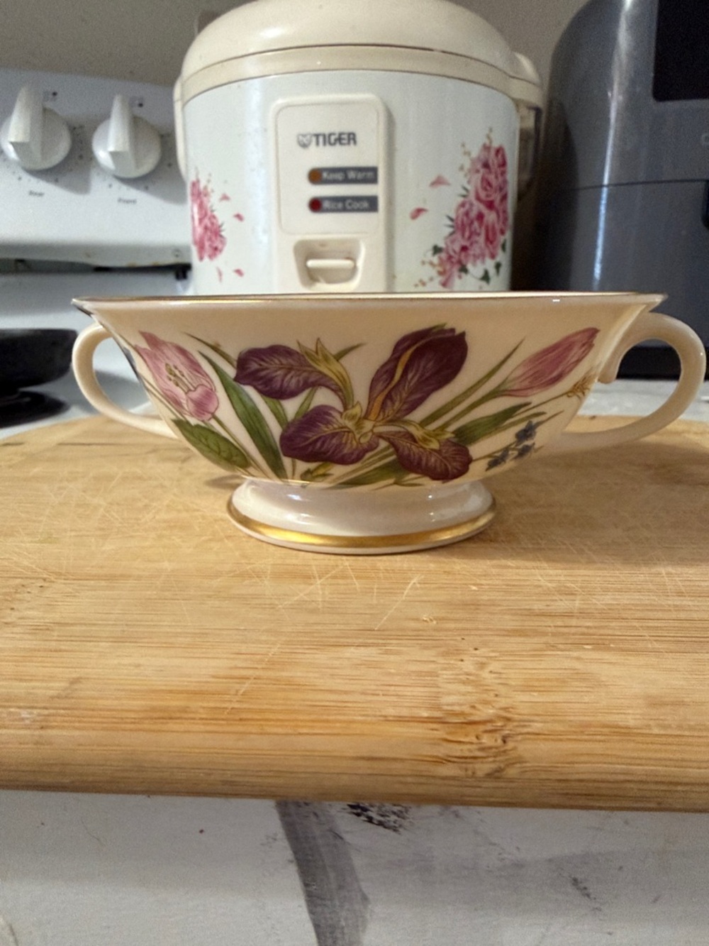 Floral Two-Handled Cream Soup Bowl with Purple Iris Design